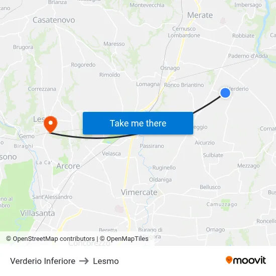 Lower Verderio to Lesmo map