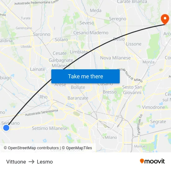 Vittuone to Lesmo map