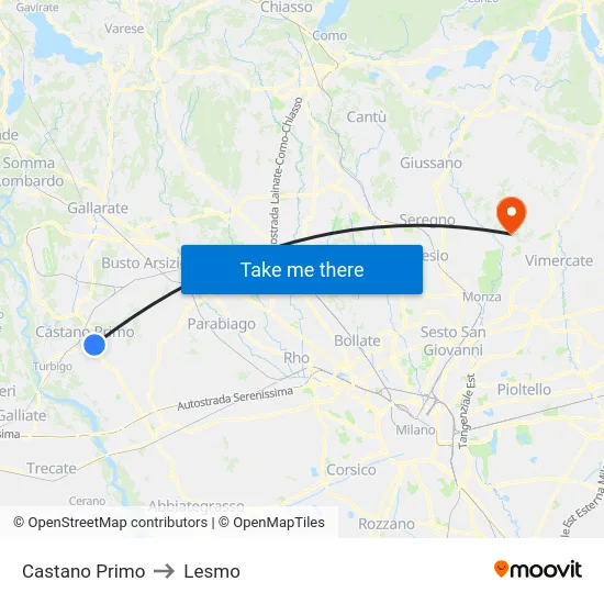 Castano Primo to Lesmo map