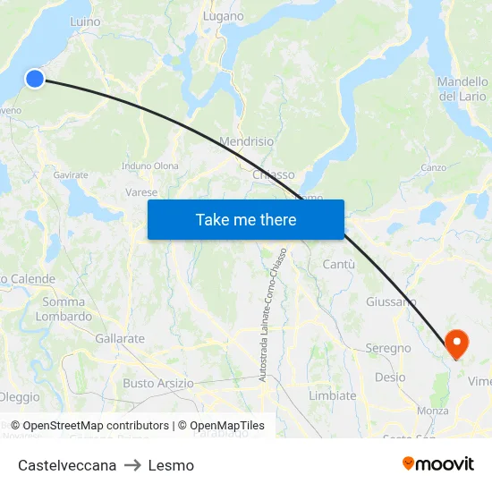 Castelveccana to Lesmo map