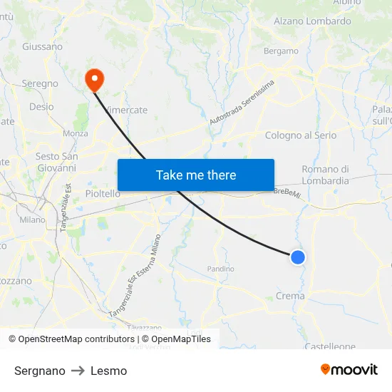 Sergnano to Lesmo map