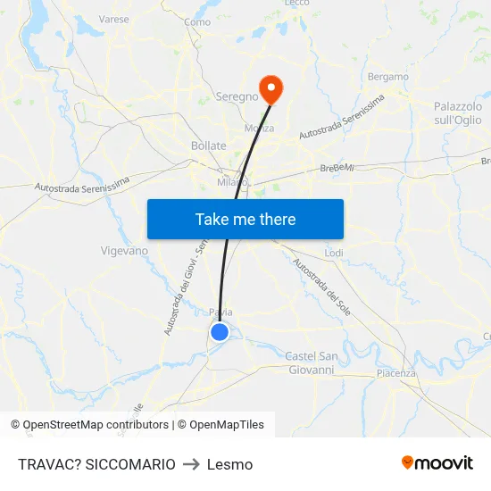 Travacò Siccomario to Lesmo map