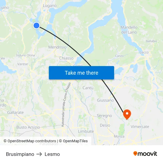 Brusimpiano to Lesmo map