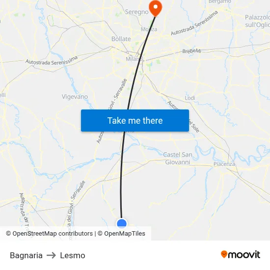 Bagnaria to Lesmo map