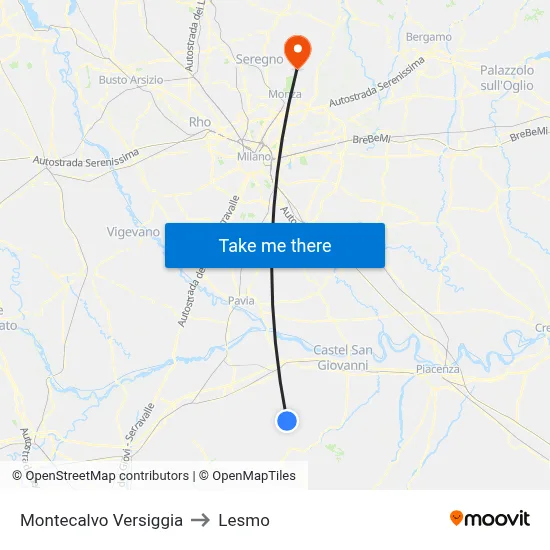 Montecalvo Versiggia to Lesmo map