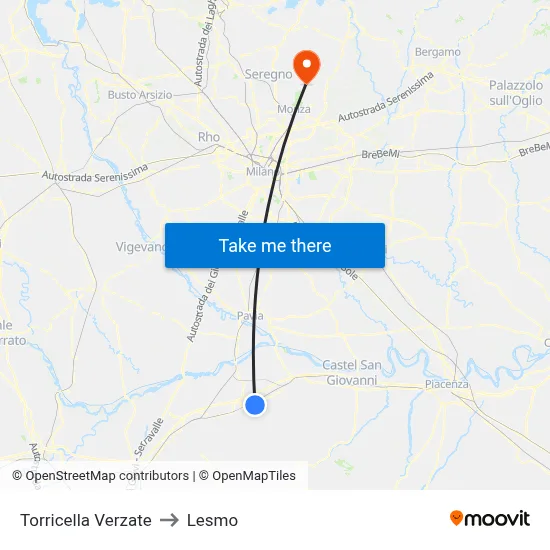 Torricella Verzate to Lesmo map