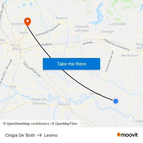 Cingia de' Botti to Lesmo map