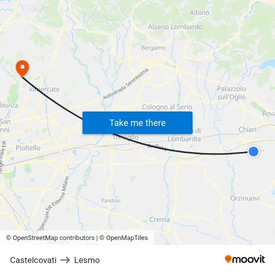 Castelcovati to Lesmo map