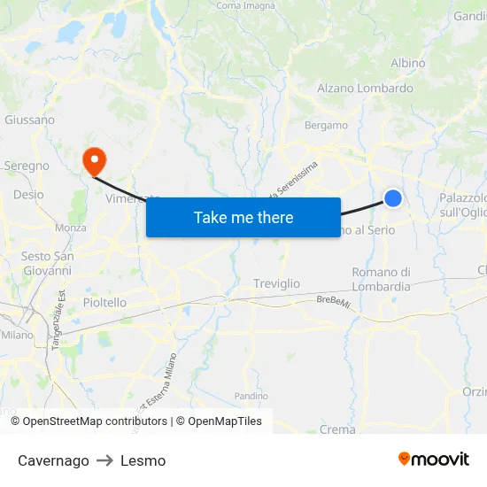 Cavernago to Lesmo map