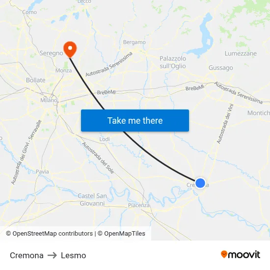 Cremona to Lesmo map
