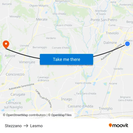 Stezzano to Lesmo map