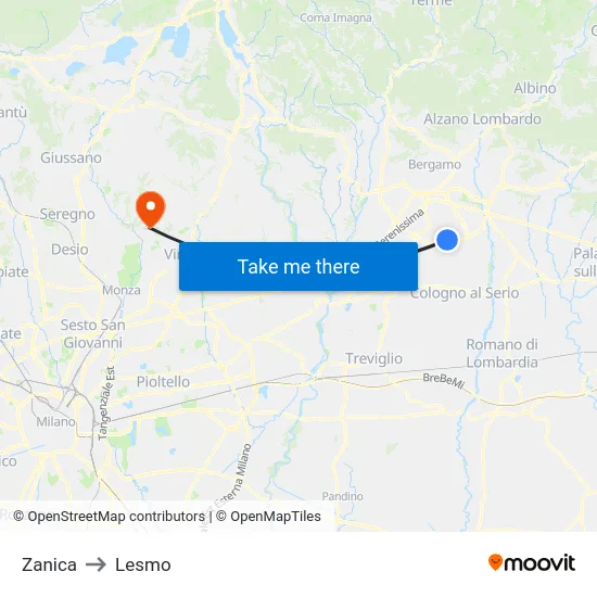 Zanica to Lesmo map