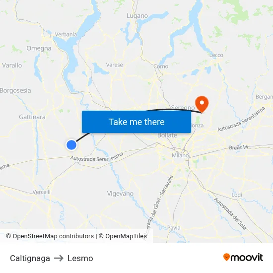 Caltignaga to Lesmo map
