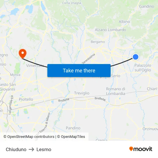 Chiuduno to Lesmo map