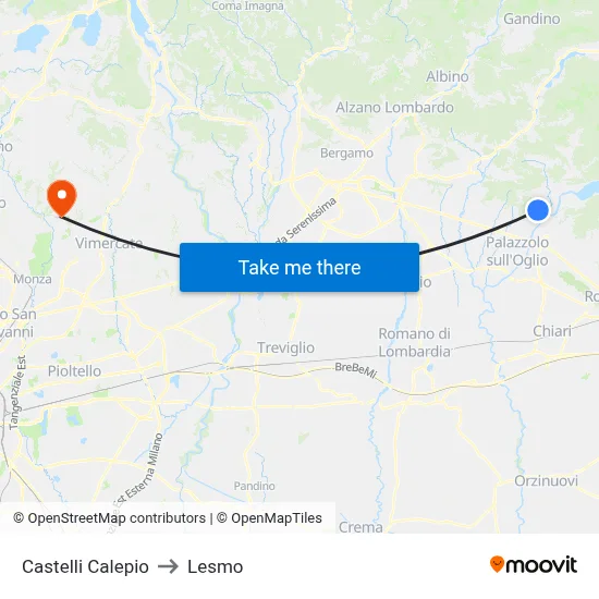 Castelli Calepio to Lesmo map