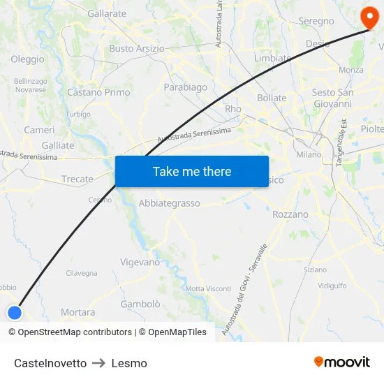 Castelnovetto to Lesmo map