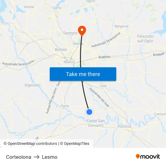 Corteolona to Lesmo map