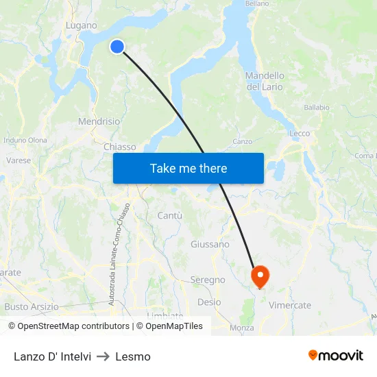 Lanzo d'Intelvi to Lesmo map