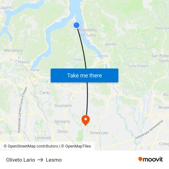 Oliveto Lario to Lesmo map