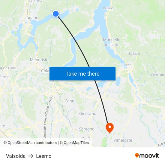 Valsolda to Lesmo map