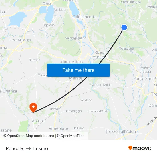 Roncola to Lesmo map