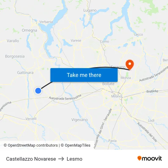 Castellazzo Novarese to Lesmo map