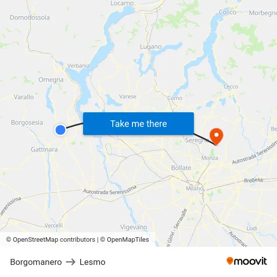 Borgomanero to Lesmo map
