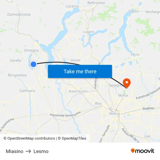Miasino to Lesmo map