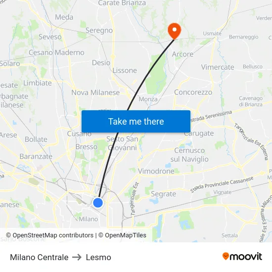 Milan Central to Lesmo map