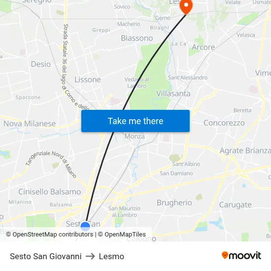 Sesto San Giovanni to Lesmo map