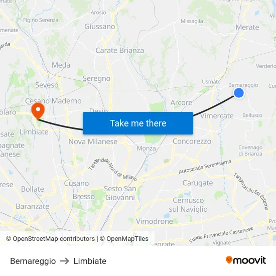 Bernareggio to Limbiate map