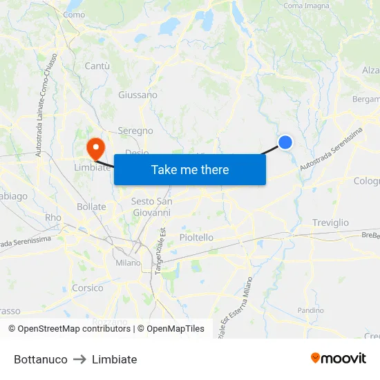 Bottanuco to Limbiate map