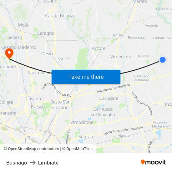 Busnago to Limbiate map