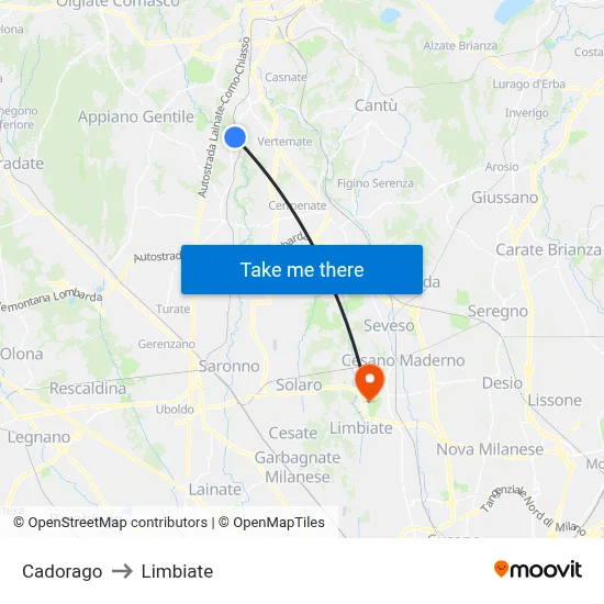 Cadorago to Limbiate map