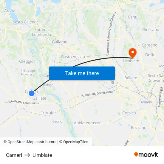 Cameri to Limbiate map