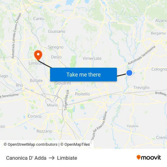 Canonica d'Adda to Limbiate map