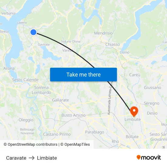 Caravate to Limbiate map