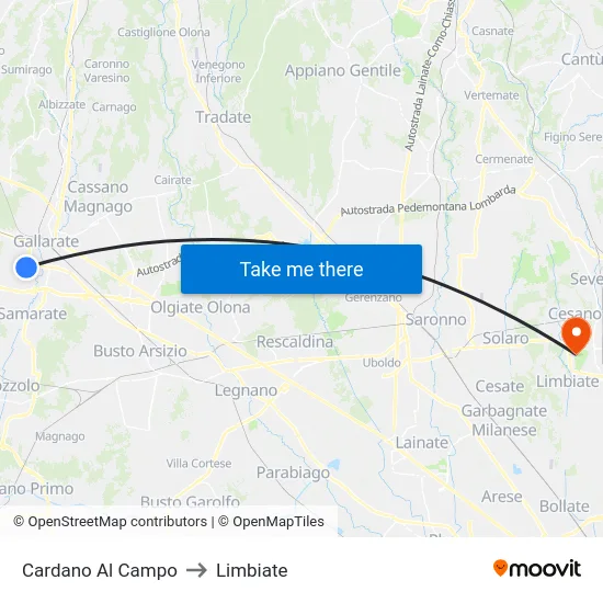 Cardano al Campo to Limbiate map