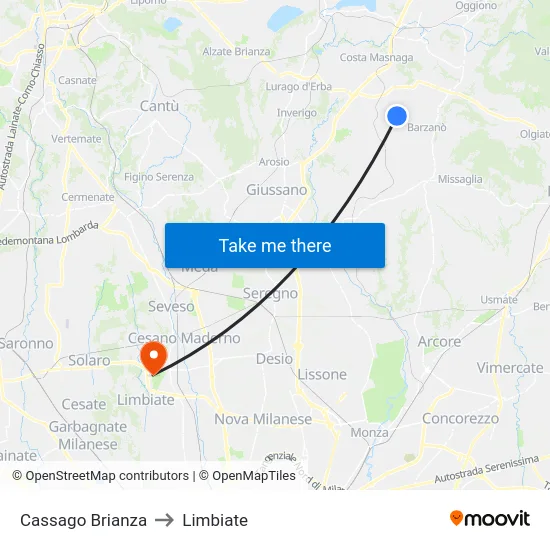 Cassago Brianza to Limbiate map