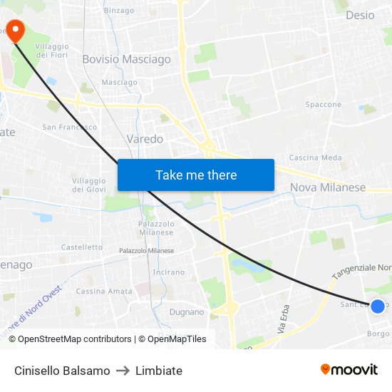 Cinisello Balsamo to Limbiate map