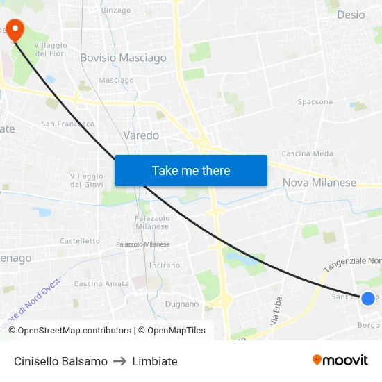 Cinisello Balsamo to Limbiate map