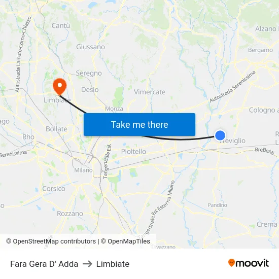 Fara Gera D' Adda to Limbiate map