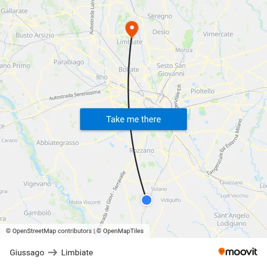 Giussago to Limbiate map