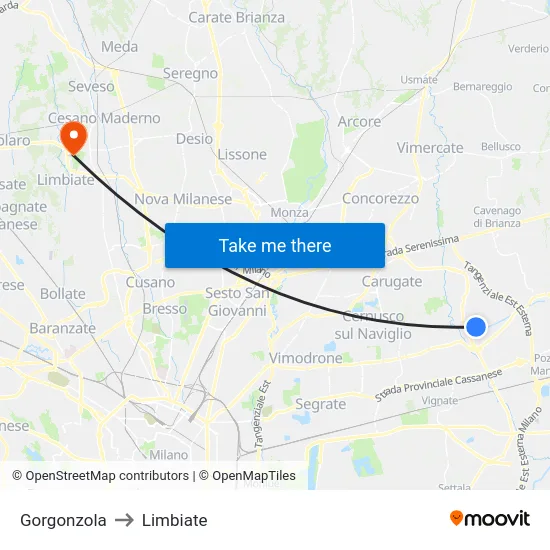 Gorgonzola to Limbiate map