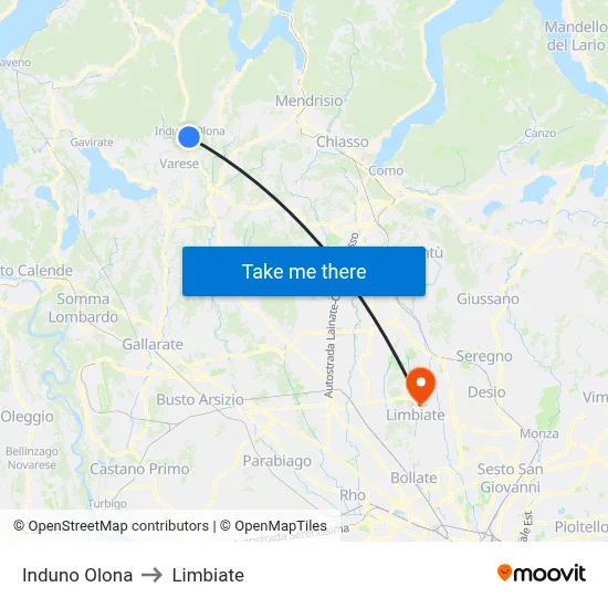 Induno Olona to Limbiate map