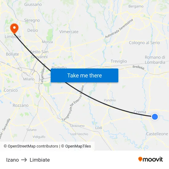 Izano to Limbiate map