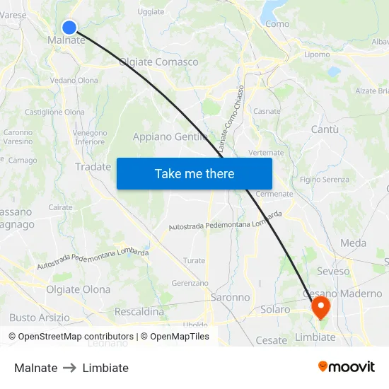 Malnate to Limbiate map