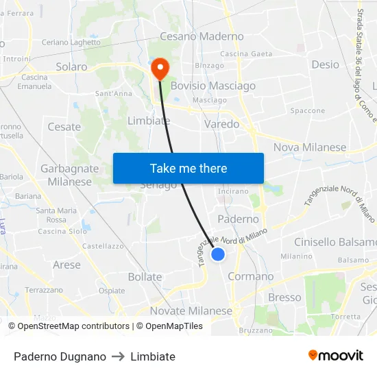 Paderno Dugnano to Limbiate map