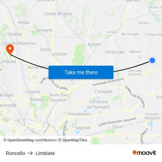 Roncello to Limbiate map