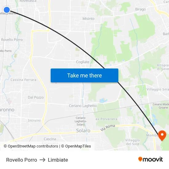 Rovello Porro to Limbiate map